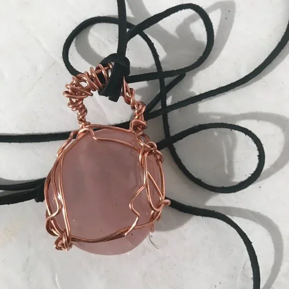 Rose Quartz Gemstone Solid Copper Pendant Unisex Genuine Leather Necklace Reiki